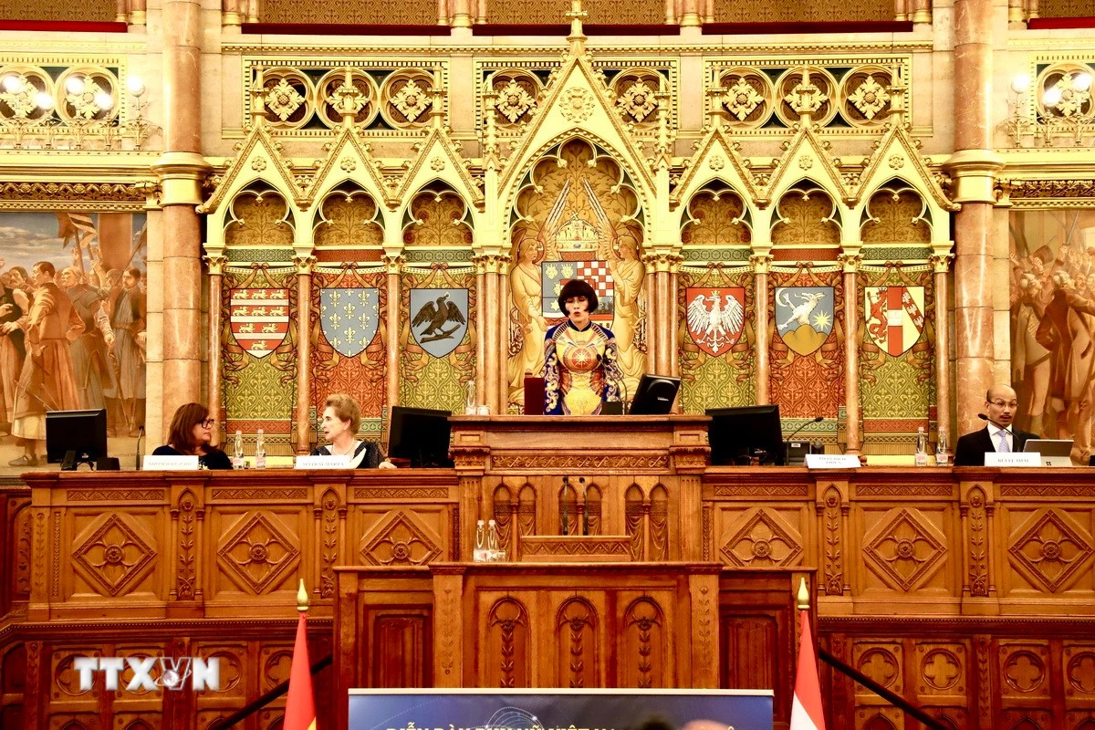 Chủ tịch Diễn đàn Phụ nữ Việt Nam tại châu Âu, Tiến sỹ Phan Bích Thiện phát biểu tại Diễn đàn "Định vị giá trị Việt ở nước ngoài trong kỷ nguyên số". (Ảnh: Phương Hoa/TTXVN)