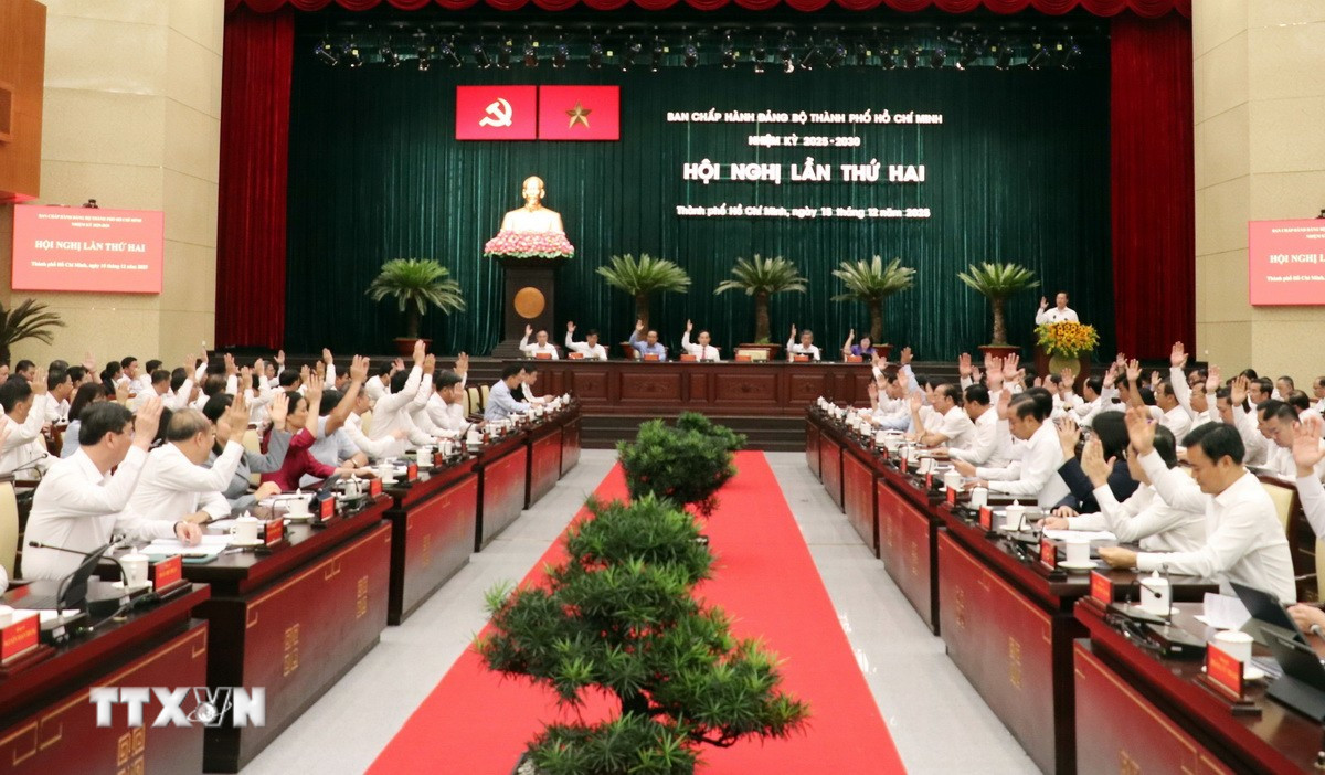 Các đại biểu biểu quyết thông qua chương trình Hội nghị. (Ảnh: Tiến Lực/TTXVN)