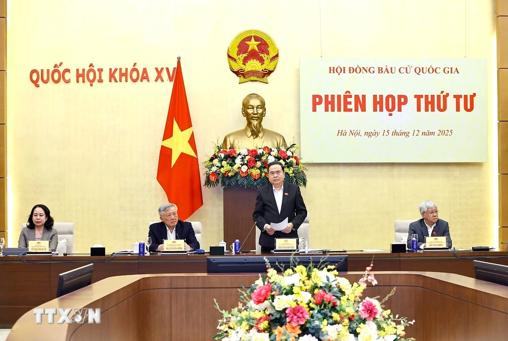 Chủ tịch Quốc hội Trần Thanh Mẫn, Chủ tịch Hội đồng Bầu cử Quốc gia phát biểu. (Ảnh: Doãn Tấn/TTXVN)