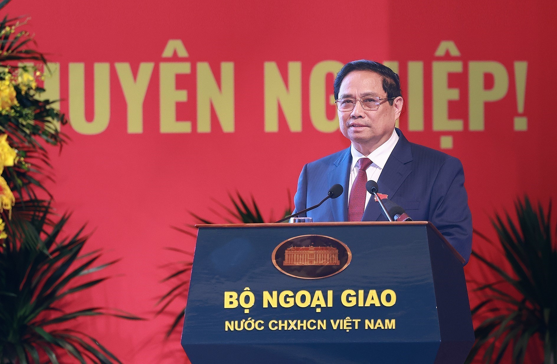 Thủ tướng Phạm Minh Chính phát biểu chỉ đạo tại Đại hội đại biểu Đảng bộ Bộ Ngoại giao lần thứ I, nhiệm kỳ 2025-2030. (Ảnh: Dương Giang/TTXVN)