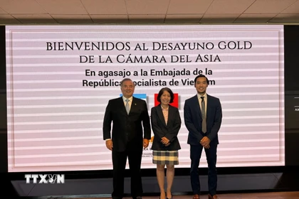 Đại sứ Việt Nam tại Argentina Ngô Minh Nguyệt, ông Ngô Mạnh Khôi, Trưởng Thương vụ Việt Nam tại Argentina và Chủ tịch Phòng Châu Á, trực thuộc Phòng Thương mại châu Á-Thái Bình Dương, Rallys Pliauzer, tại Hội thảo. (Ảnh: Diệu Hương/TTXVN)