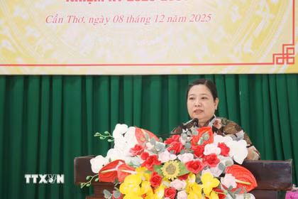 Bà Hồ Thị Cẩm Đào, Phó Bí thư Thành ủy, Chủ tịch Ủy ban Mặt trận Tổ quốc Việt Nam thành phố Cần Thơ, phát biểu. (Ảnh: Ngọc Thiện/TTXVN)