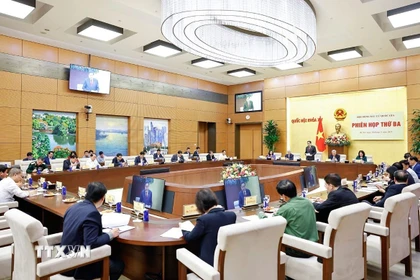 Hội đồng Bầu cử quốc gia tổ chức Phiên họp thứ ba, Ủy viên Bộ Chính trị, Chủ tịch Quốc hội Trần Thanh Mẫn, Chủ tịch Hội đồng Bầu cử quốc gia chủ trì phiên họp. (Ảnh: Doãn Tấn/TTXVN)