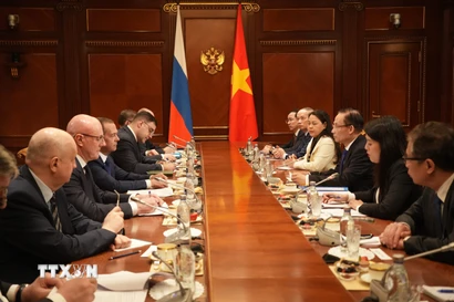 Chủ tịch Đảng nước Nga thống nhất Dmitry Medvedev tại cuộc gặp với Đặc phái viên Tổng Bí thư Tô Lâm, Ủy viên Bộ Chính trị, Bộ trưởng Ngoại giao Lê Hoài Trung và đoàn đại biểu Việt Nam. (Ảnh: Trần Hải/TTXVN)