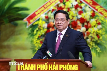 Thủ tướng Phạm Minh Chính phát biểu chỉ đạo Đại hội đại biểu Đảng bộ thành phố Hải Phòng lần thứ nhất, nhiệm kỳ 2025-2030. (Ảnh: Dương Giang/TTXVN)