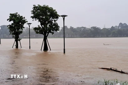 Lũ lên trên báo động 2 gây ngập đường đi bộ ven bờ Nam sông Hương, thành phố Huế. (Ảnh: Nguyên Lý/TTXVN)