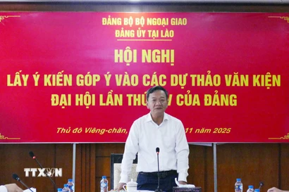 Bí thư Đảng ủy, Đại sứ Việt Nam tại Lào Nguyễn Minh Tâm phát biểu tại Hội nghị. (Ảnh: Xuân Tú/TTXVN)