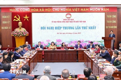 Đoàn Chủ tịch Ủy ban Trung ương Mặt trận Tổ quốc Việt Nam tổ chức Hội nghị hiệp thương lần thứ nhất để thảo luận về cơ cấu, thành phần, số lượng người của các cơ quan, tổ chức, đơn vị ở Trung ương được giới thiệu ứng cử đại biểu Quốc hội khóa XVI ngày 4/12/2025. (Ảnh: Minh Đức/TTXVN)