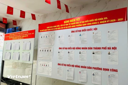 Niêm yết danh sách người ứng cử đại biểu Quốc hội khóa XVI ở đơn vị bầu cử số 3; đại biểu Hội đồng Nhân dân thành phố Hà Nội khóa XVII, đơn vị bầu cử số 9; người ứng cử đại biểu Hội đồng Nhân dân phường Định Công khóa II nhiệm kỳ 2026-2031. (Ảnh: Trí Đức/Vietnam+)