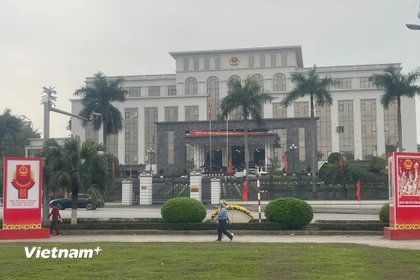 Panô tuyên truyền về bầu cử tại xã Trấn Yên, tỉnh Lào Cai. (Ảnh: Trí Đức/Vietnam+)