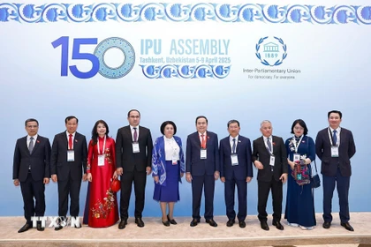 Chủ tịch Quốc hội Trần Thanh Mẫn tham dự Lễ khai mạc Đại hội đồng lần thứ 150 của Liên minh Nghị viện Thế giới (IPU-150) tối 5/4/2025 (giờ địa phương), tại thủ đô Tashkent (Uzbekistan). (Ảnh: Doãn Tấn/TTXVN)