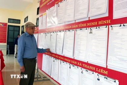 Cử tri xã Thanh Liêm tìm hiểu tiểu sử các ứng cử viên đại biểu Quốc hội và đại biểu Hội đồng Nhân dân các cấp. (Ảnh: Nguyễn Chinh/TTXVN)