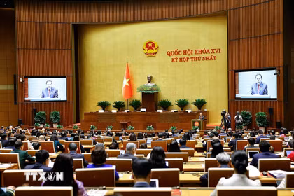 Đồng chí Trần Thanh Mẫn, Chủ tịch Quốc hội khóa XV phát biểu khai mạc Kỳ họp thứ Nhất, Quốc hội khóa XVI. (Ảnh: Doãn Tấn/TTXVN)