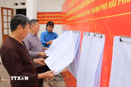 Người dân xem danh sách cử tri được niêm yết. (Ảnh: Mạnh Minh/TTXVN)