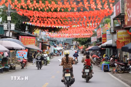 Nhiều tuyến đường ở trung tâm xã, các bản tại Pa Tần, cờ Đảng, cờ Tổ quốc đỏ thắm. (Ảnh: Nguyễn Oanh/TTXVN)