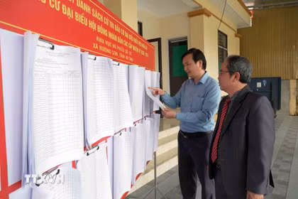 Cử tri xã Hương Sơn (Hà Tĩnh) xem thông tin niêm yết về đại biểu và danh sách cử tri. (Ảnh: Hữu Quyết/TTXVN)