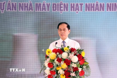 Phó Thủ tướng Chính phủ Bùi Thanh Sơn phát biểu tại lễ khởi động Dự án di dân tái định cư Nhà máy điện hạt nhân Ninh Thuận 1. (Ảnh: Công Thử/TTXVN)