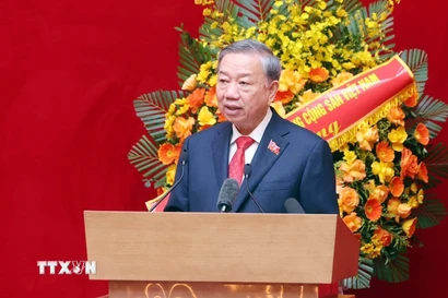 Tổng Bí thư Tô Lâm phát biểu tại Đại hội đại biểu Đảng bộ Công an Trung ương lần thứ VIII, nhiệm kỳ 2025 - 2030. (Ảnh: Thống Nhất/TTXVN)