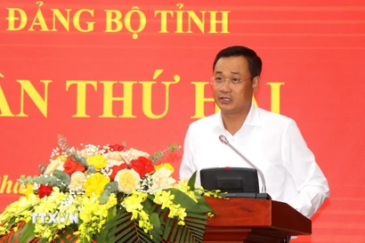 Ông Lê Ngọc Quang, Bí thư Tỉnh ủy Quảng Trị, phát biểu khai mạc Hội nghị. (Ảnh: Võ Dung/TTXVN)