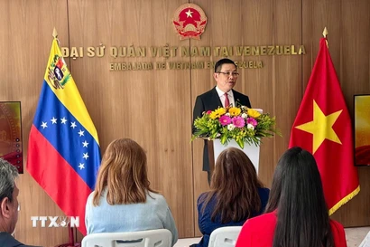 Đại sứ Vũ Trung Mỹ trả lời câu hỏi của truyền thông tại sự kiện. (Ảnh: TTXVN phát)