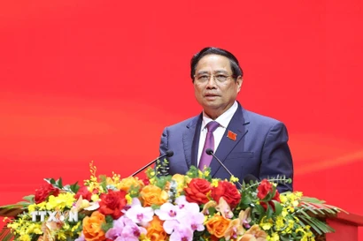 Đồng chí Phạm Minh Chính, Ủy viên Bộ Chính trị, Bí thư Đảng ủy, Thủ tướng Chính phủ phát biểu chỉ đạo. (Ảnh: Dương Giang/TTXVN)