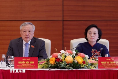 Đồng chí Nguyễn Hoà Bình, Ủy viên Bộ Chính trị, Phó Bí thư thường trực Đảng ủy Chính phủ, Phó Thủ tướng thường trực Chính phủ và đồng chí Phạm Thị Thanh Trà, Ủy viên Trung ương Đảng, Ủy viên Ban Thường vụ Đảng ủy Chính phủ, Bộ trưởng Bộ Nội vụ thảo luận tại tổ. (Ảnh: Dương Giang/TTXVN)