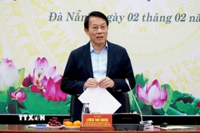 Đại tướng Lương Tam Quang, Ủy viên Bộ Chính trị, Bộ trưởng Bộ Công an, Trưởng Đoàn giám sát, kiểm tra của Ủy ban Thường vụ Quốc hội và Hội đồng Bầu cử Quốc gia phát biểu tại buổi làm việc với Ủy ban Bầu cử thành phố Đà Nẵng. (Ảnh: Quốc Dũng/TTXVN)