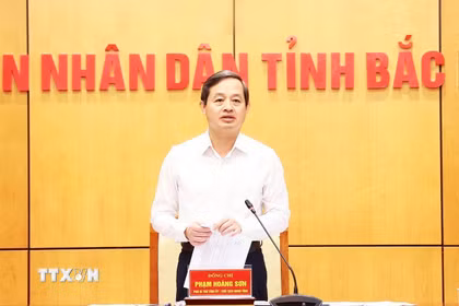 Chủ tịch Ủy ban Nhân dân tỉnh Bắc Ninh Phạm Hoàng Sơn phát biểu tại Hội nghị. (Ảnh: TTXVN phát)