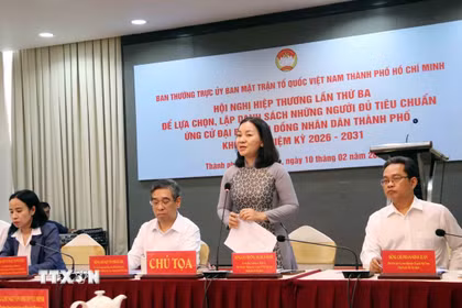Hội nghị Hiệp thương lần thứ ba lựa chọn danh sách những người đủ tiêu chuẩn ứng cử đại biểu Hội đồng Nhân dân Thành phố khóa XI, nhiệm kỳ 2026-2031. (Ảnh: Xuân Khu/TTXVN)