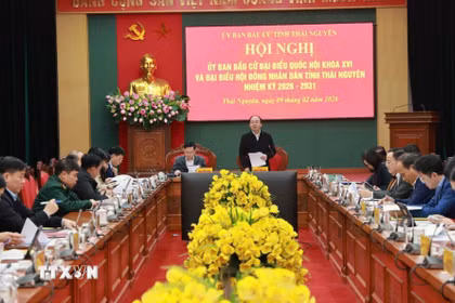 Ủy ban bầu cử tỉnh Thái Nguyên tổ chức hội nghị đánh giá tình hình triển khai công tác bầu cử các cấp. (Ảnh: Trần Trang/TTXVN)