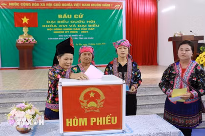 Cử tri bỏ phiếu bầu cử tại khu vực bỏ phiếu số 3, bản Nậm Sảo 2, xã biên giới Pa Tần, Lai Châu. (Ảnh: Quý Trung/TTXVN)