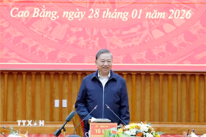 Tổng Bí thư Tô Lâm phát biểu tại buổi làm việc với Ban Chấp hành Đảng bộ tỉnh Cao Bằng. (Ảnh: Thống Nhất/TTXVN)