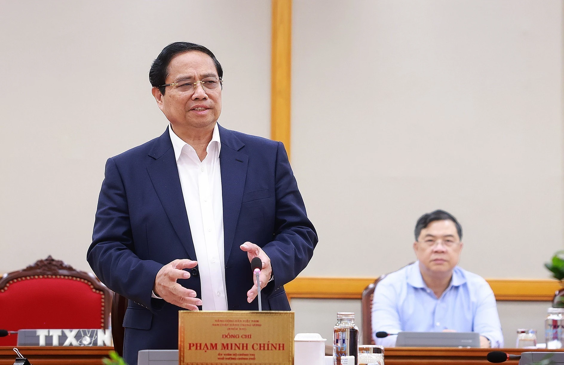 Thủ tướng Phạm Minh Chính làm việc với Ban Thường vụ Tỉnh ủy An Giang. (Ảnh: Dương Giang/TTXVN)