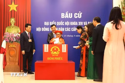 Cử tri Nguyễn Thị Khẩn, 96 tuổi là cử tri lớn tuổi nhất khu vực bỏ phiếu số 8, phường Hải An, thành phố Hải Phòng tham gia bỏ phiếu. (Ảnh: Hoàng Ngọc/TTXVN)