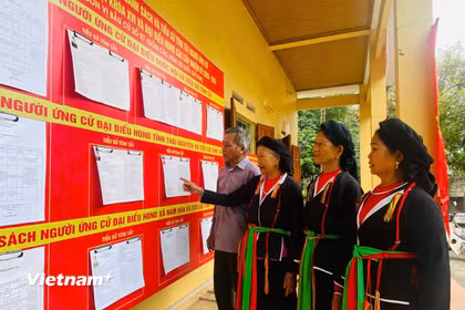 Các cử tri xã Nam Hòa tìm hiểu thông tin về các ứng cử viên. (Ảnh: Vietnam+)