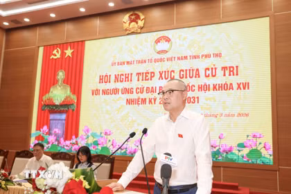 Ông Phạm Đại Dương, Bí thư Tỉnh ủy Phú Thọ phát biểu tại hội nghị. (Ảnh: Nguyễn Thảo/TTXVN)