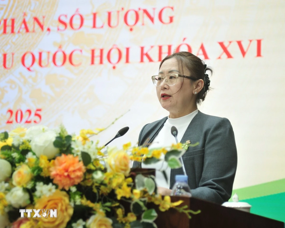 Bà Giàng Thị Dung, Phó Bí thư Tỉnh ủy, Chủ tịch Ủy ban Mặt trận Tổ quốc Việt Nam tỉnh Lào Cai phát biểu tại hội nghị. (Ảnh: Tuấn Khôi/TTXVN)